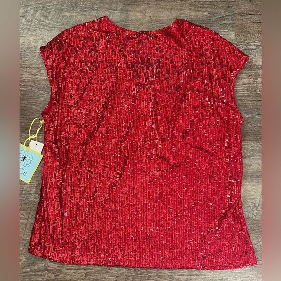 CeCe Sequined V-Neck Cap-Sleeve Red Blouse-Size Medium - Picture 2 of 7